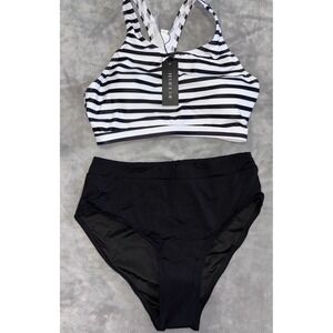 Tempt Me Swimsuit Bikini Set Womens Small Black White Stripe High Waisted Padded